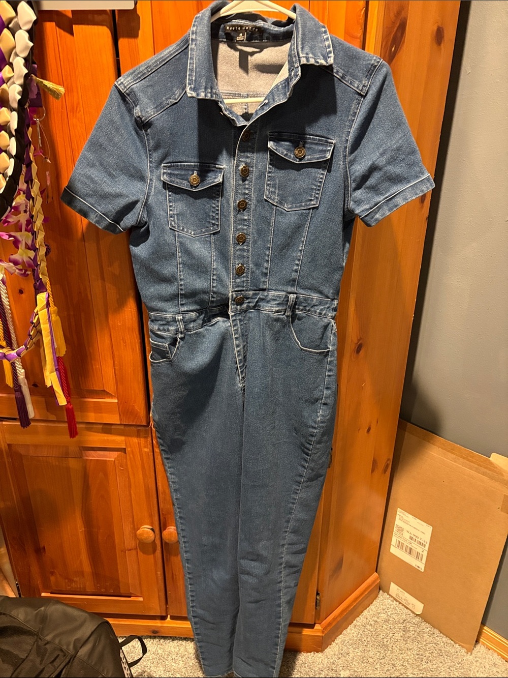Haute Monde Blue Short-Sleeve Denim Jumpsuit